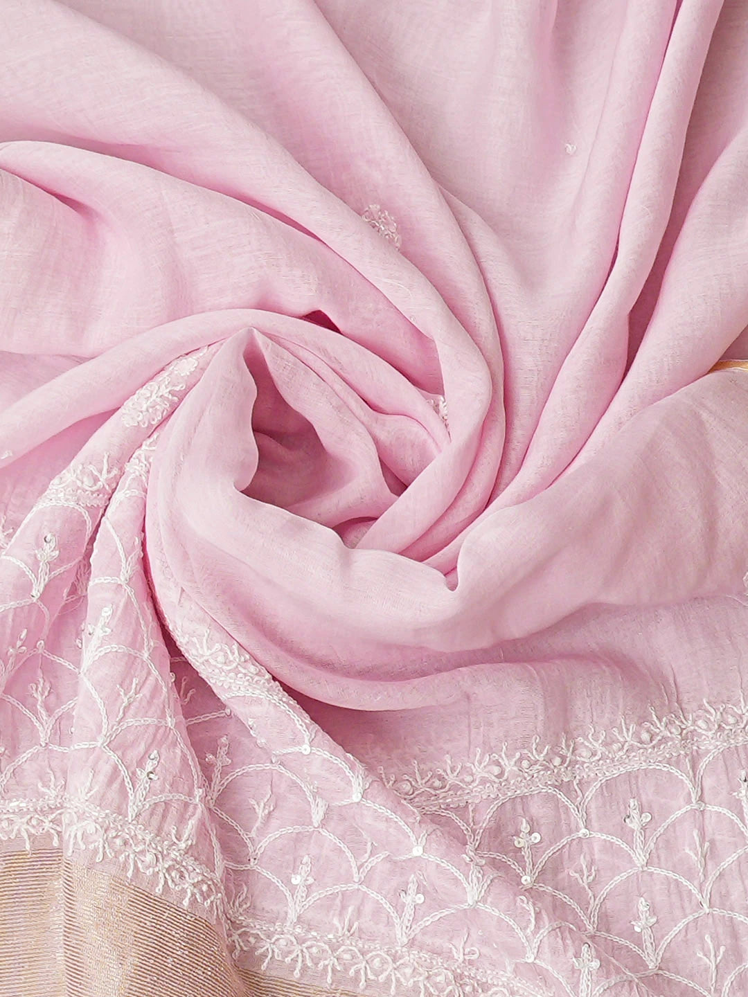 Ada Hand Embroidered Pink Chanderi Lucknowi Chikankari Semi-Stitched Kurta Dupatta Set With Cutdana Work 01A935507