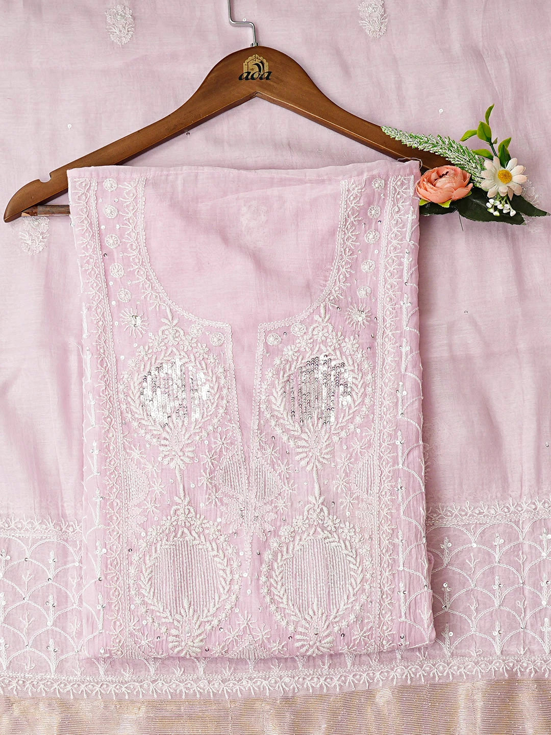Ada Hand Embroidered Pink Chanderi Lucknowi Chikankari Semi-Stitched Kurta Dupatta Set With Cutdana Work 01A935507