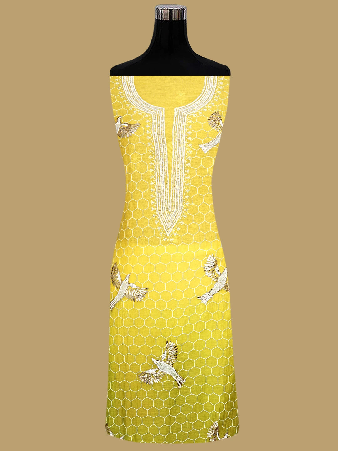 Ada Hand Embroidered Ombre Shade of Golden Glow & Mehendi Green Chanderi Lucknowi Chikankari Unstitched Kurta Dupatta Set With Pearl Work 01A832270