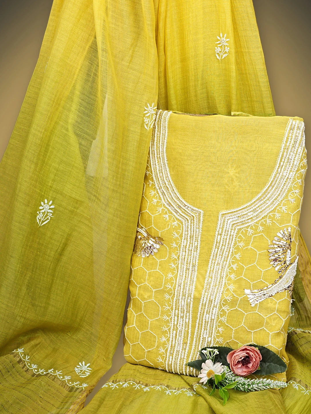 Ada Hand Embroidered Ombre Shade of Golden Glow & Mehendi Green Chanderi Lucknowi Chikankari Unstitched Kurta Dupatta Set With Pearl Work 01A832270