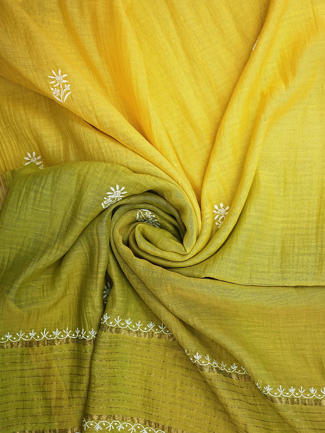 Ada Hand Embroidered Ombre Shade of Golden Glow & Mehendi Green Chanderi Lucknowi Chikankari Unstitched Kurta Dupatta Set With Pearl Work 01A832270