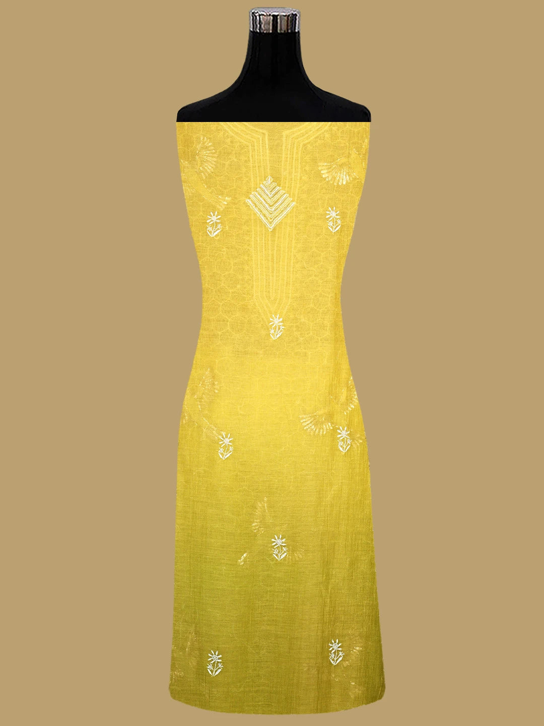 Ada Hand Embroidered Ombre Shade of Golden Glow & Mehendi Green Chanderi Lucknowi Chikankari Unstitched Kurta Dupatta Set With Pearl Work 01A832270