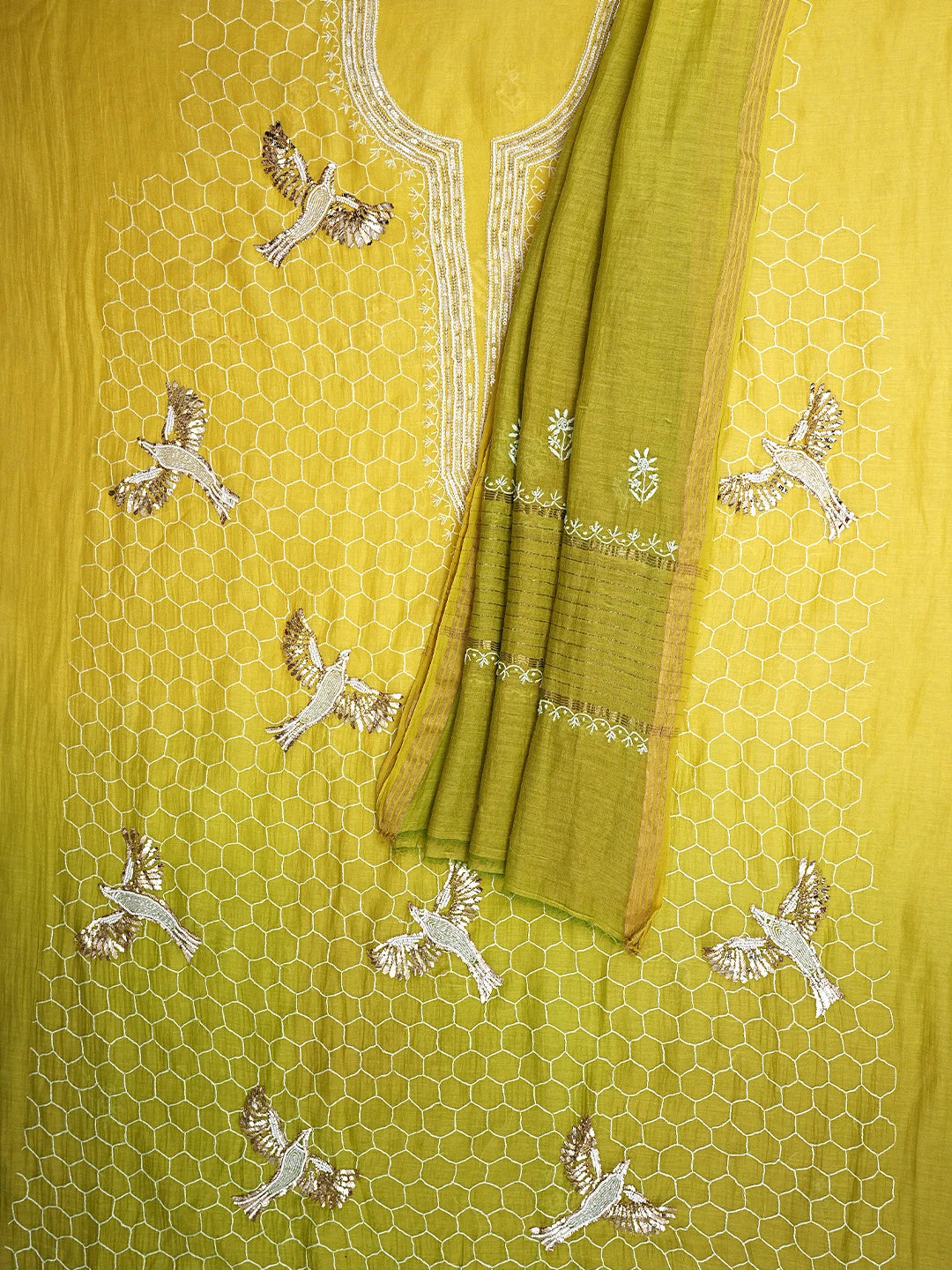 Ada Hand Embroidered Ombre Shade of Golden Glow & Mehendi Green Chanderi Lucknowi Chikankari Unstitched Kurta Dupatta Set With Pearl Work 01A832270