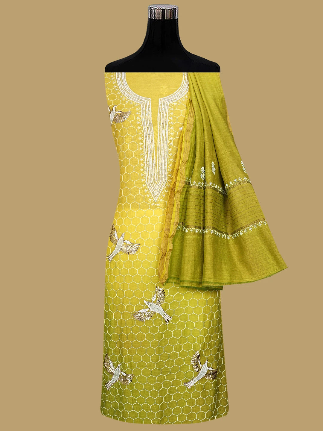 Ada Hand Embroidered Ombre Shade of Golden Glow & Mehendi Green Chanderi Lucknowi Chikankari Unstitched Kurta Dupatta Set With Pearl Work 01A832270