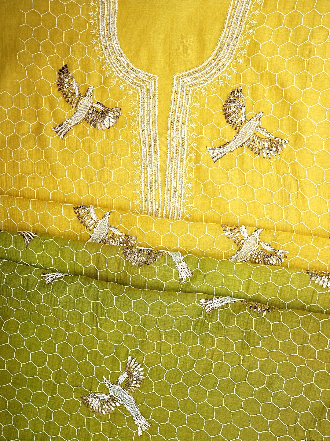 Ada Hand Embroidered Ombre Shade of Golden Glow & Mehendi Green Chanderi Lucknowi Chikankari Unstitched Kurta Dupatta Set With Pearl Work 01A832270