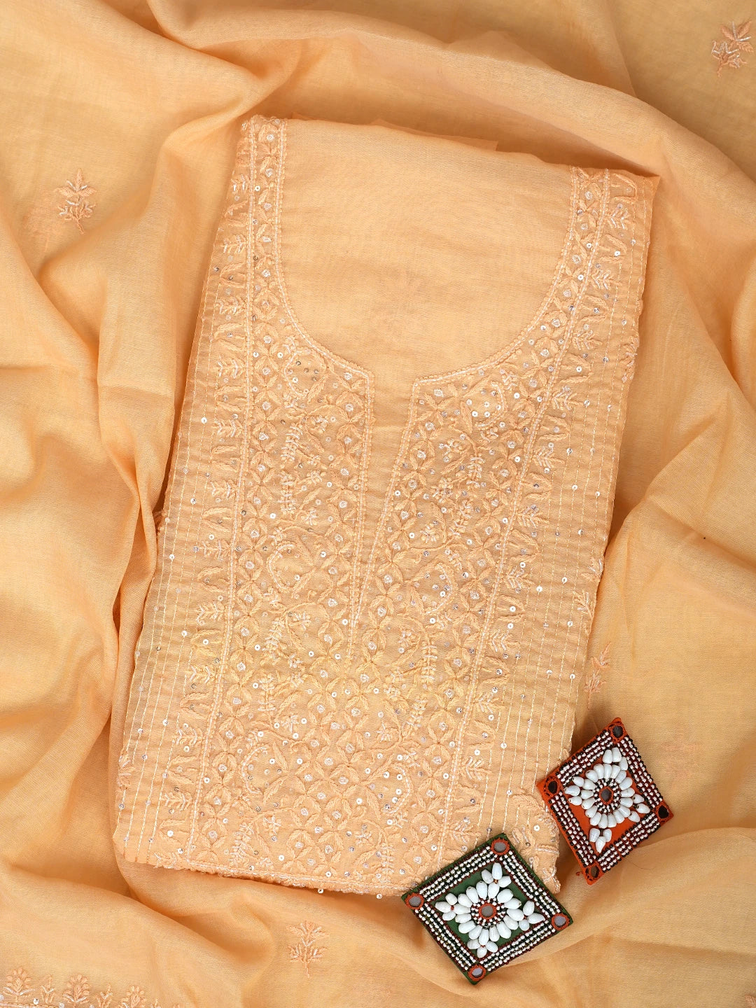 Ada Hand Embroidered Sandy Brown Chanderi Lucknowi Chikankari Unstitched Kurta Dupatta Set With Cutdana Work 01A762753