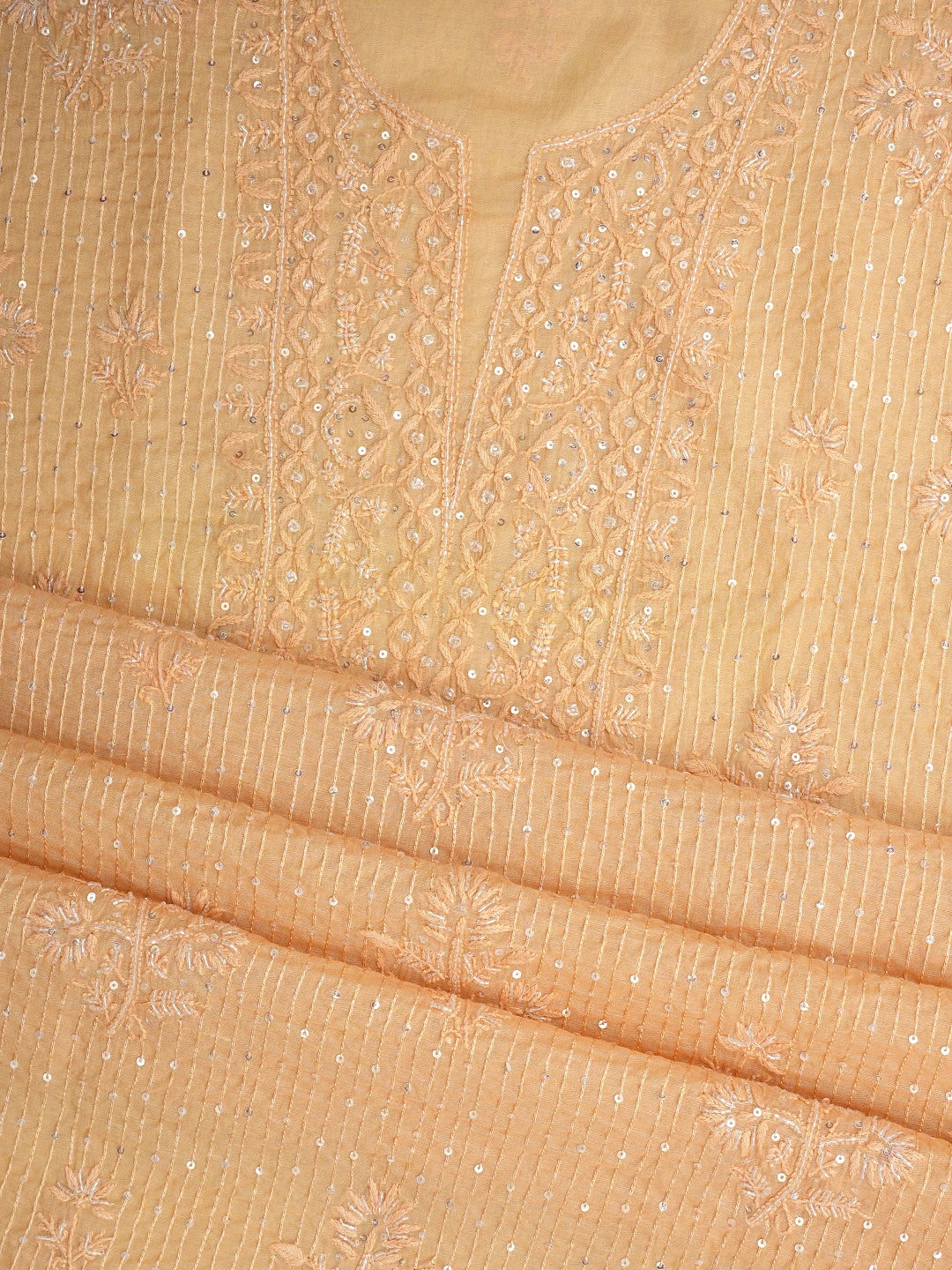 Ada Hand Embroidered Sandy Brown Chanderi Lucknowi Chikankari Unstitched Kurta Dupatta Set With Cutdana Work 01A762753