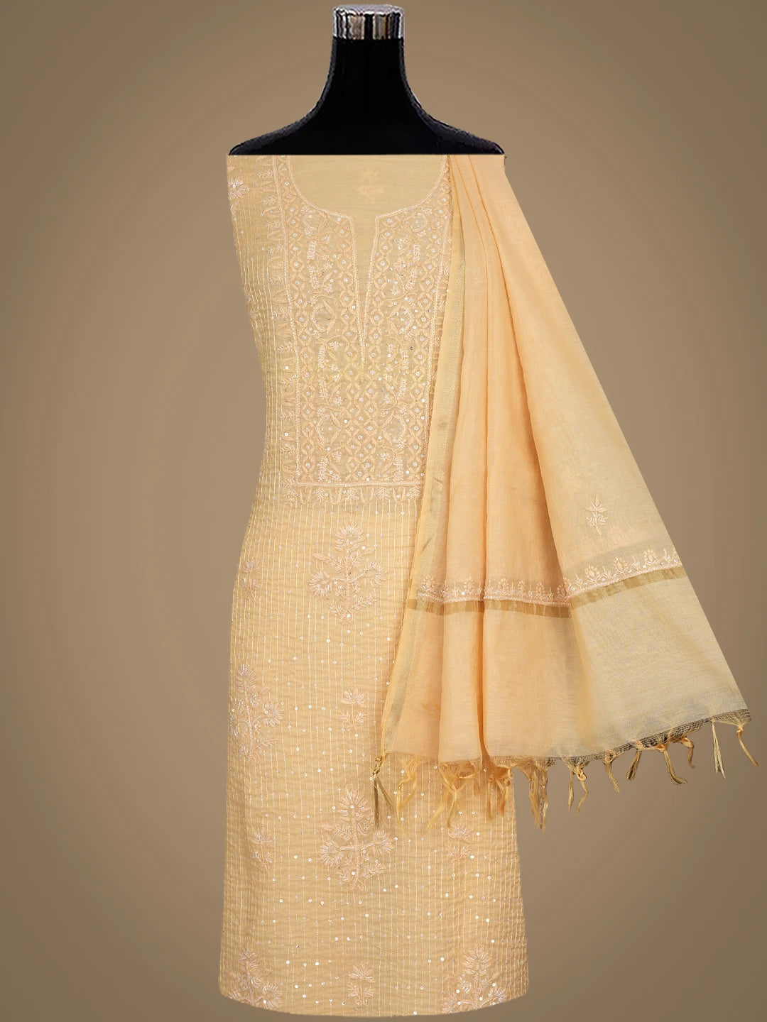 Ada Hand Embroidered Sandy Brown Chanderi Lucknowi Chikankari Unstitched Kurta Dupatta Set With Cutdana Work 01A762753