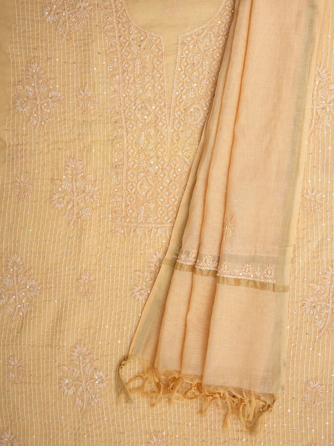 Ada Hand Embroidered Sandy Brown Chanderi Lucknowi Chikankari Unstitched Kurta Dupatta Set With Cutdana Work 01A762753