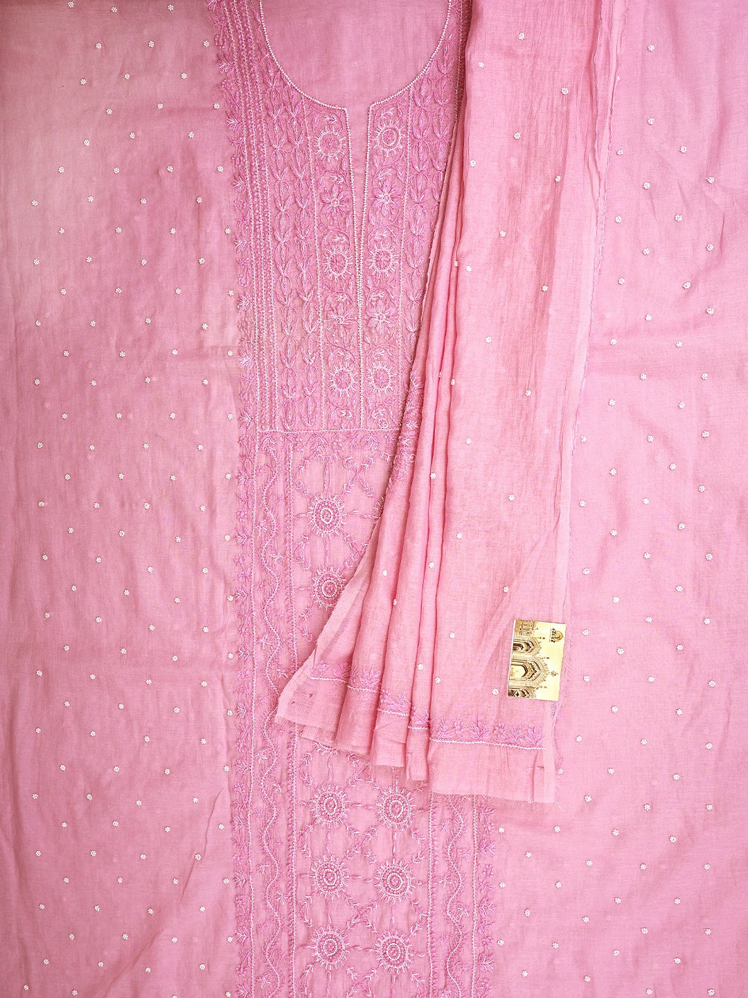 Ada Hand Embroidered Pink Cotton Candy Chanderi Lucknowi Chikankari Unstitched Kurta Dupatta Set With Cutdana Work 01A911502