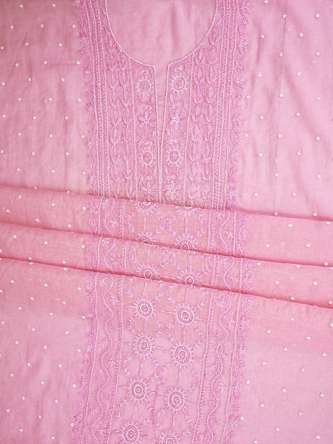 Ada Hand Embroidered Pink Cotton Candy Chanderi Lucknowi Chikankari Unstitched Kurta Dupatta Set With Cutdana Work 01A911502
