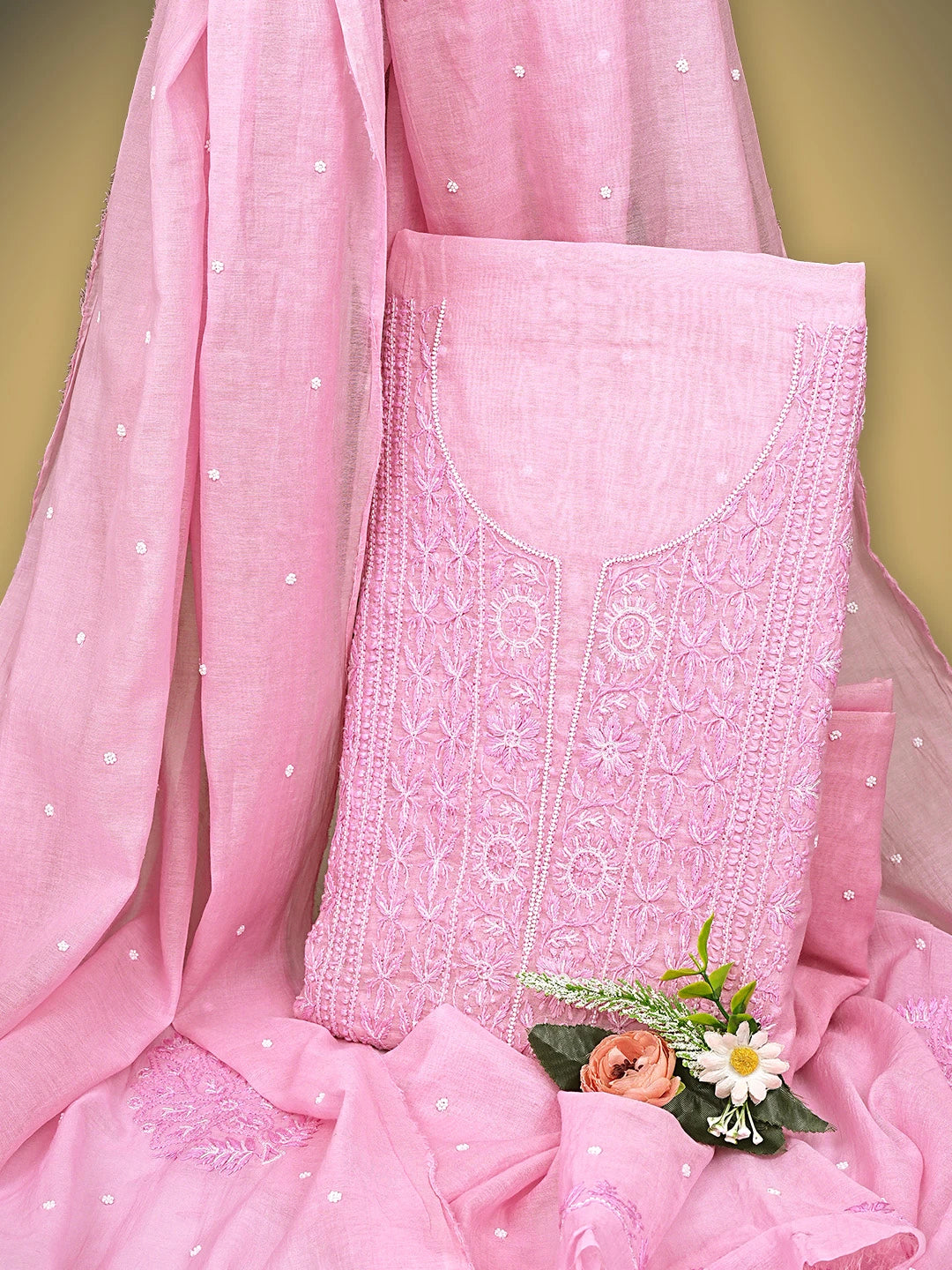Ada Hand Embroidered Pink Cotton Candy Chanderi Lucknowi Chikankari Unstitched Kurta Dupatta Set With Cutdana Work 01A911502