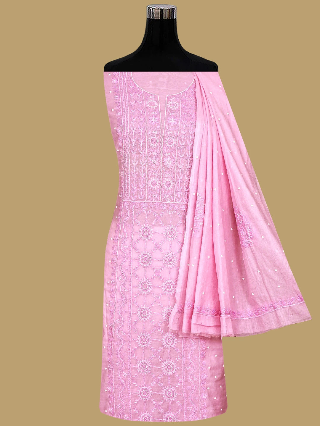 Ada Hand Embroidered Pink Cotton Candy Chanderi Lucknowi Chikankari Unstitched Kurta Dupatta Set With Cutdana Work 01A911502