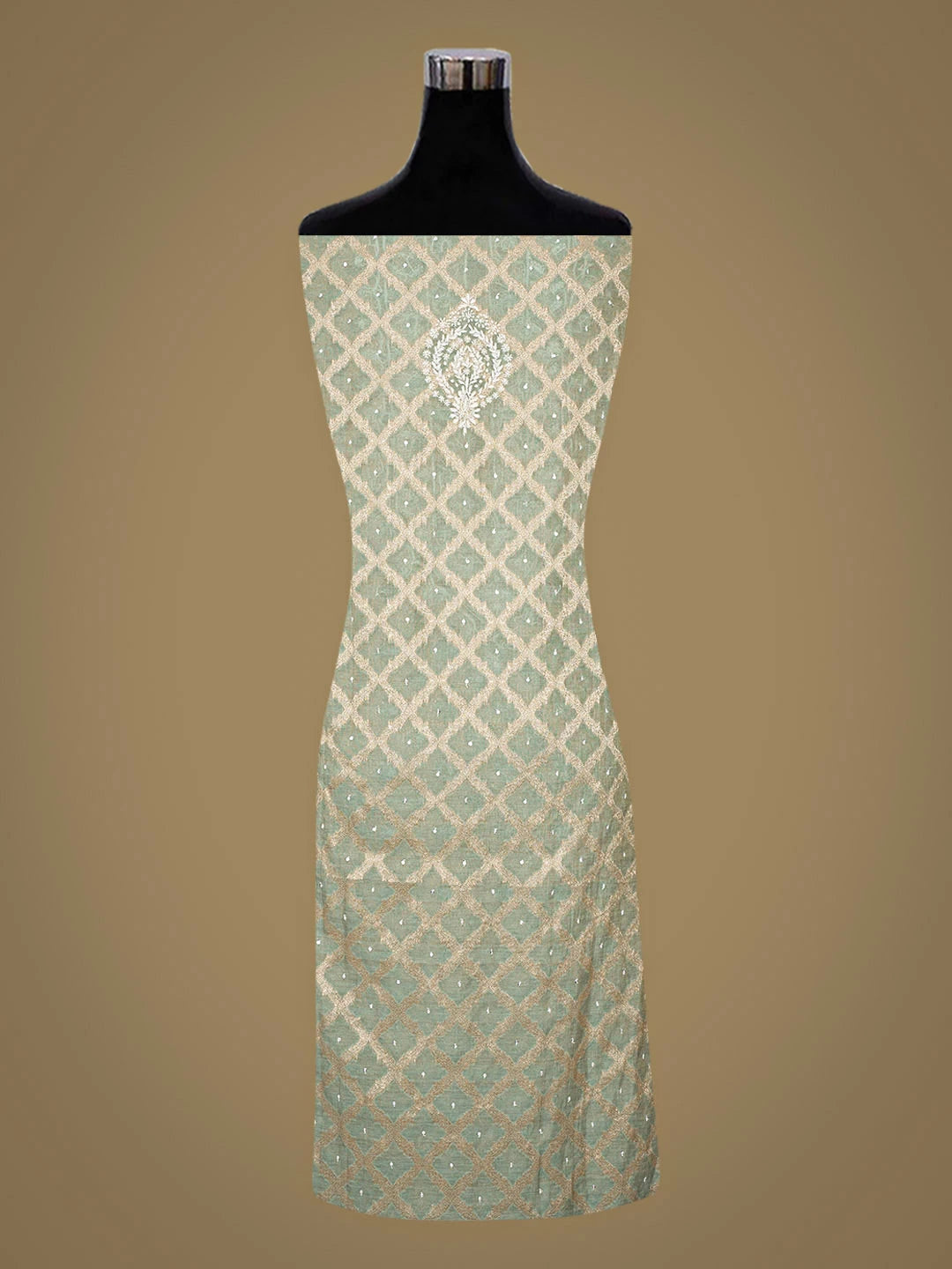 Ada Hand Embroidered Green Tissue Lucknowi Chikankari Semi-Stitched Kurta Dupatta Set With Pearl Work 01A935298