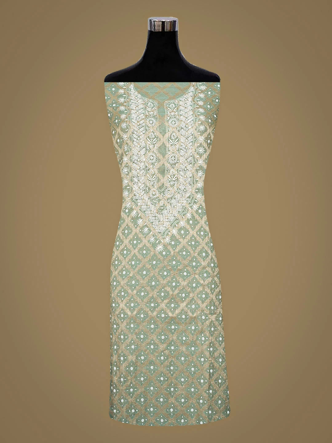 Ada Hand Embroidered Green Tissue Lucknowi Chikankari Semi-Stitched Kurta Dupatta Set With Pearl Work 01A935298