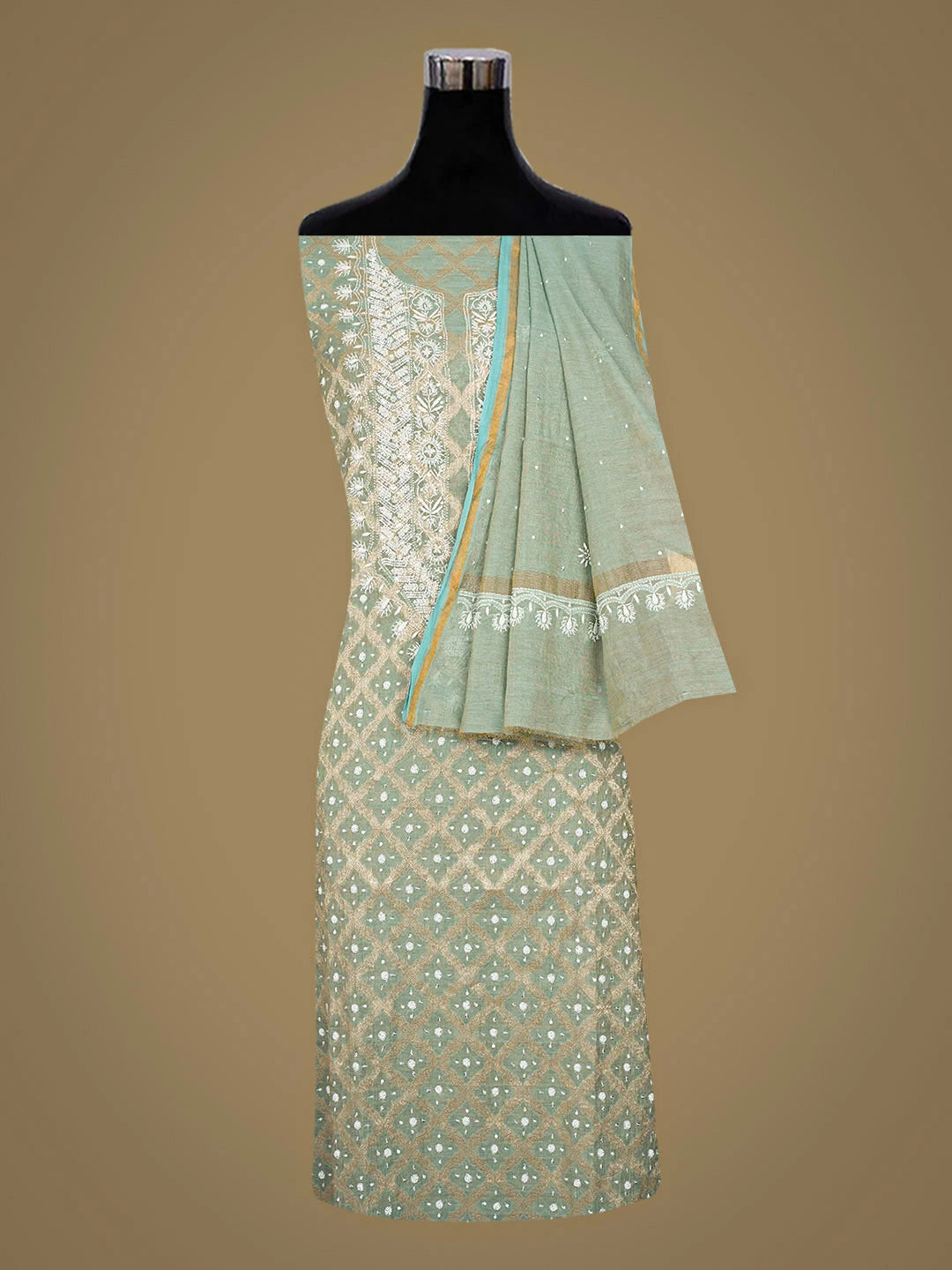Ada Hand Embroidered Green Tissue Lucknowi Chikankari Semi-Stitched Kurta Dupatta Set With Pearl Work 01A935298