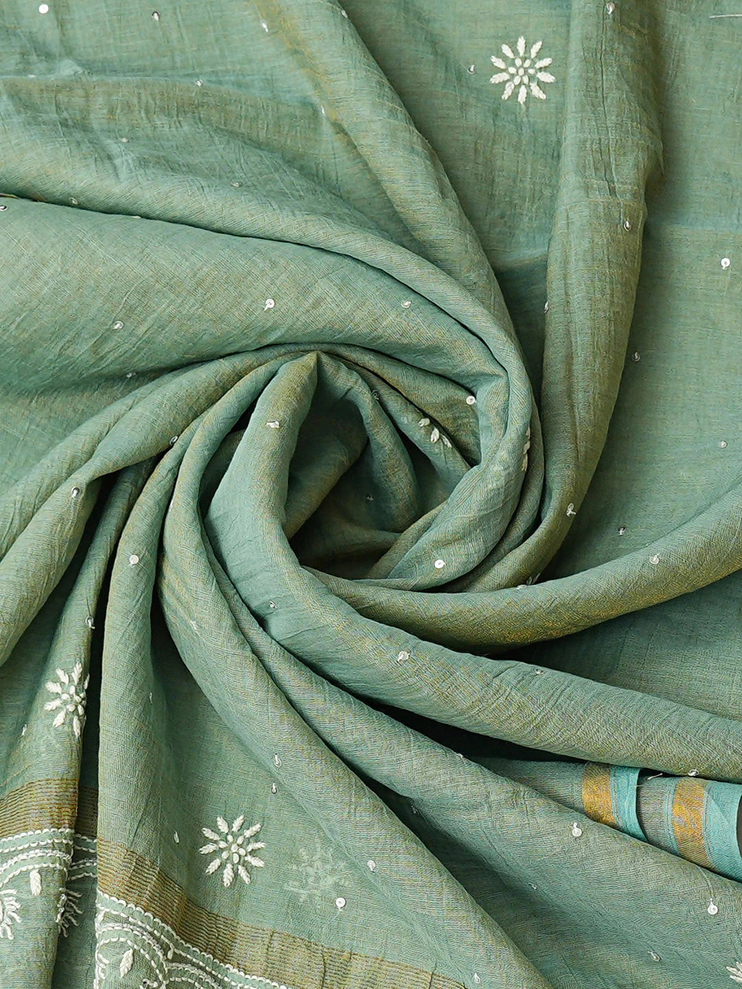 Ada Hand Embroidered Green Tissue Lucknowi Chikankari Semi-Stitched Kurta Dupatta Set With Pearl Work 01A935298