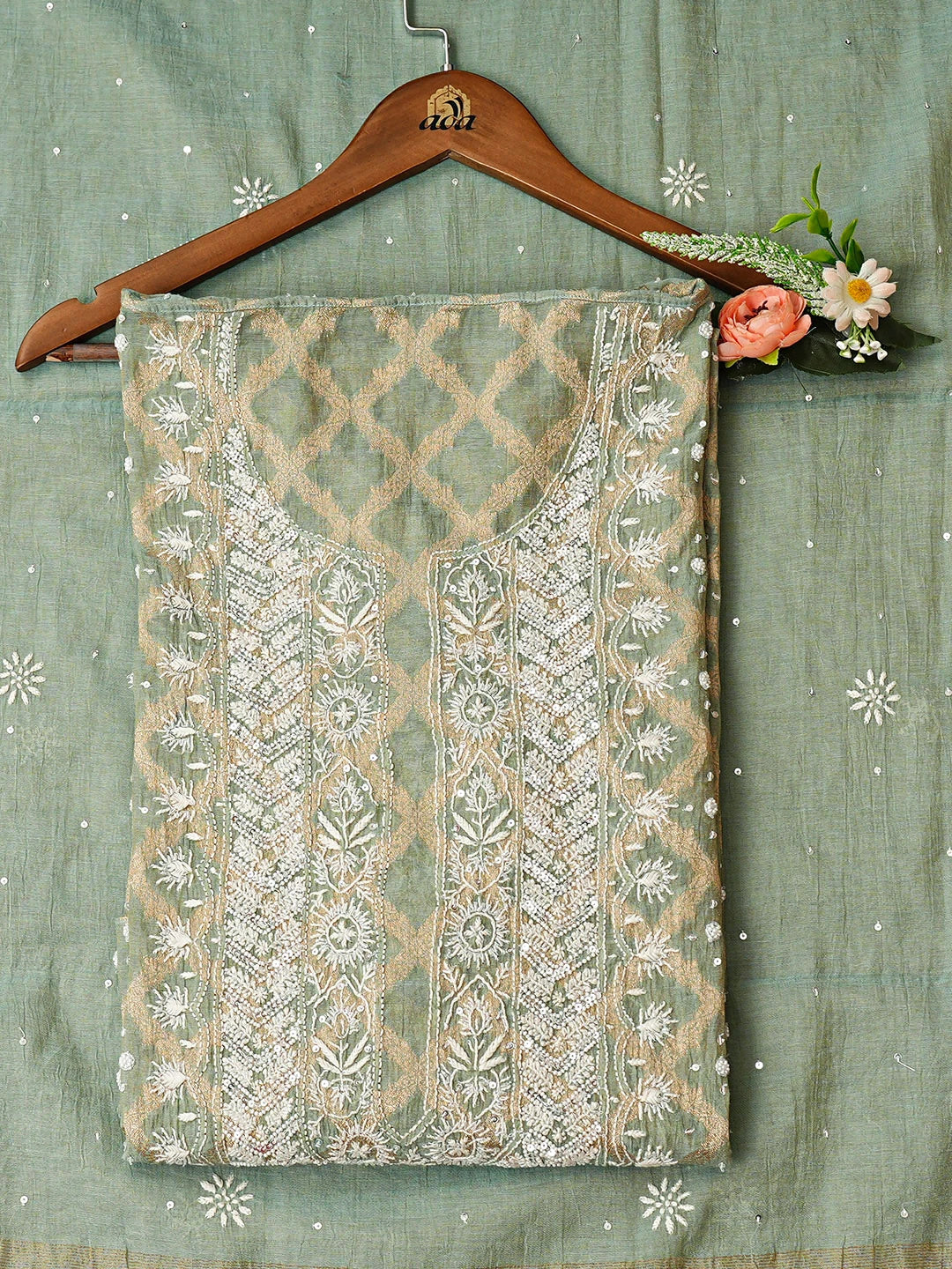 Ada Hand Embroidered Green Tissue Lucknowi Chikankari Semi-Stitched Kurta Dupatta Set With Pearl Work 01A935298