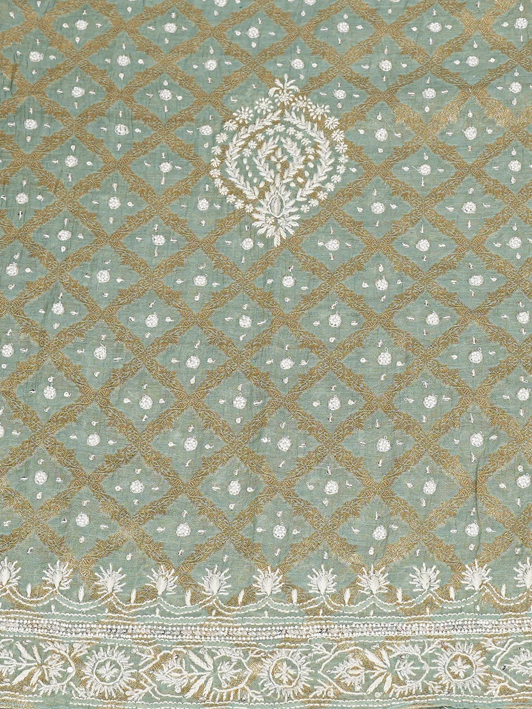 Ada Hand Embroidered Green Tissue Lucknowi Chikankari Semi-Stitched Kurta Dupatta Set With Pearl Work 01A935298
