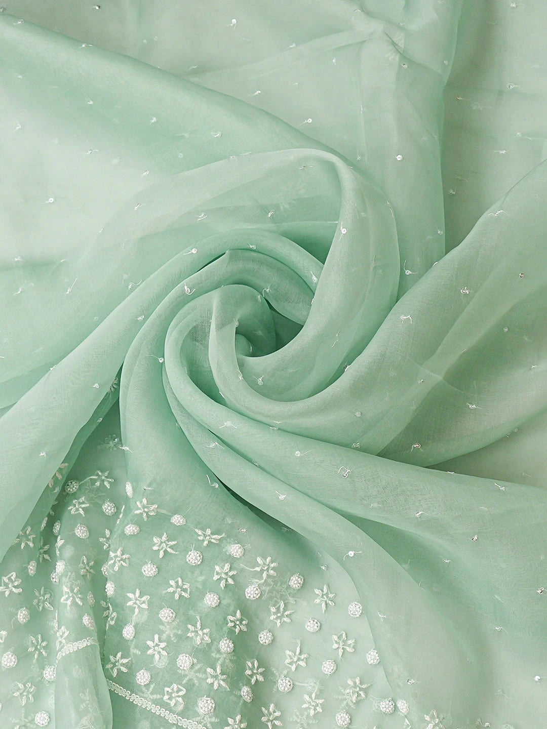 Ada Hand Embroidered Sea Green Organza Lucknowi Chikankari Semi-Stitched Kurta Dupatta Set With Pearl Work 01A933883