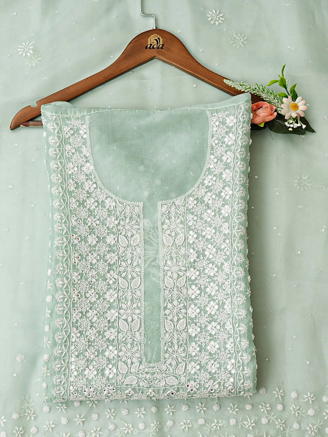 Ada Hand Embroidered Sea Green Organza Lucknowi Chikankari Semi-Stitched Kurta Dupatta Set With Pearl Work 01A933883