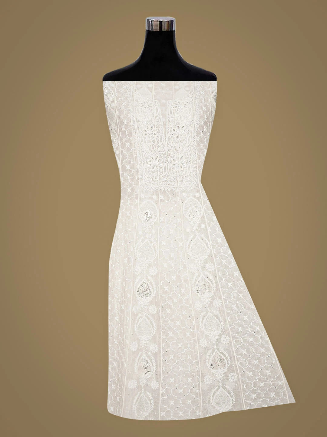 Ada Hand Embroidered White Chanderi Lucknowi Chikankari Semi-Stitched Anarkali Kurta Dupatta Set With Cutdana Work 01A935278