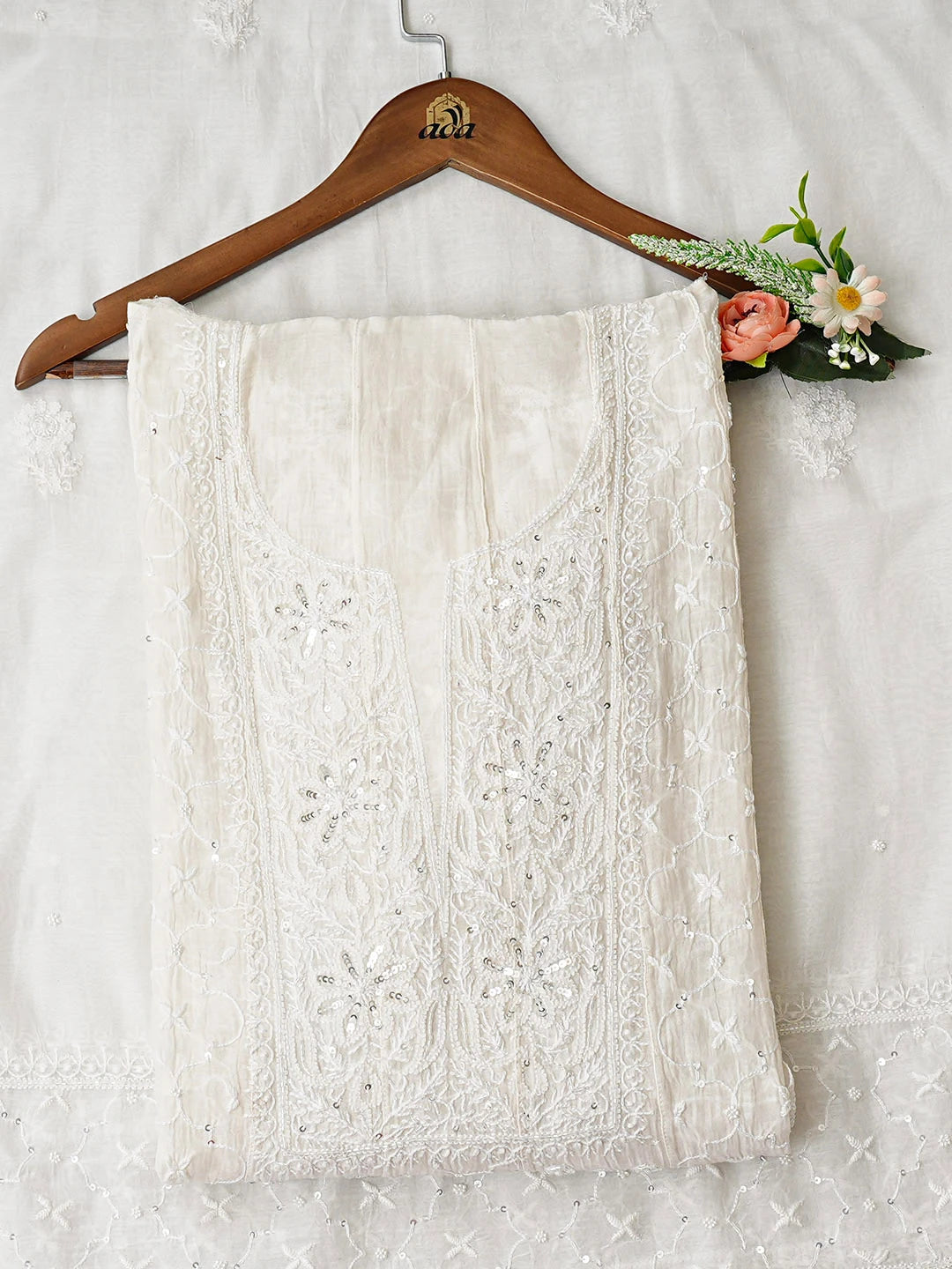 Ada Hand Embroidered White Chanderi Lucknowi Chikankari Semi-Stitched Anarkali Kurta Dupatta Set With Cutdana Work 01A935278