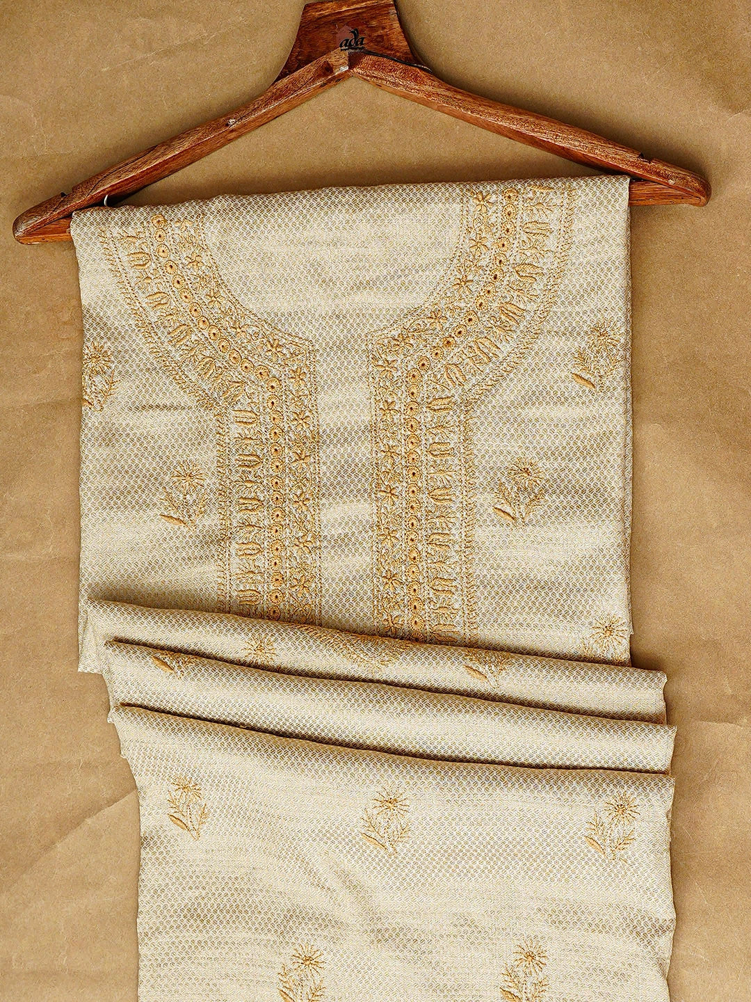 Ada Hand Embroidered Fawn Tissue Lucknowi Chikankari Unstitched Men's Kurta 01A913693
