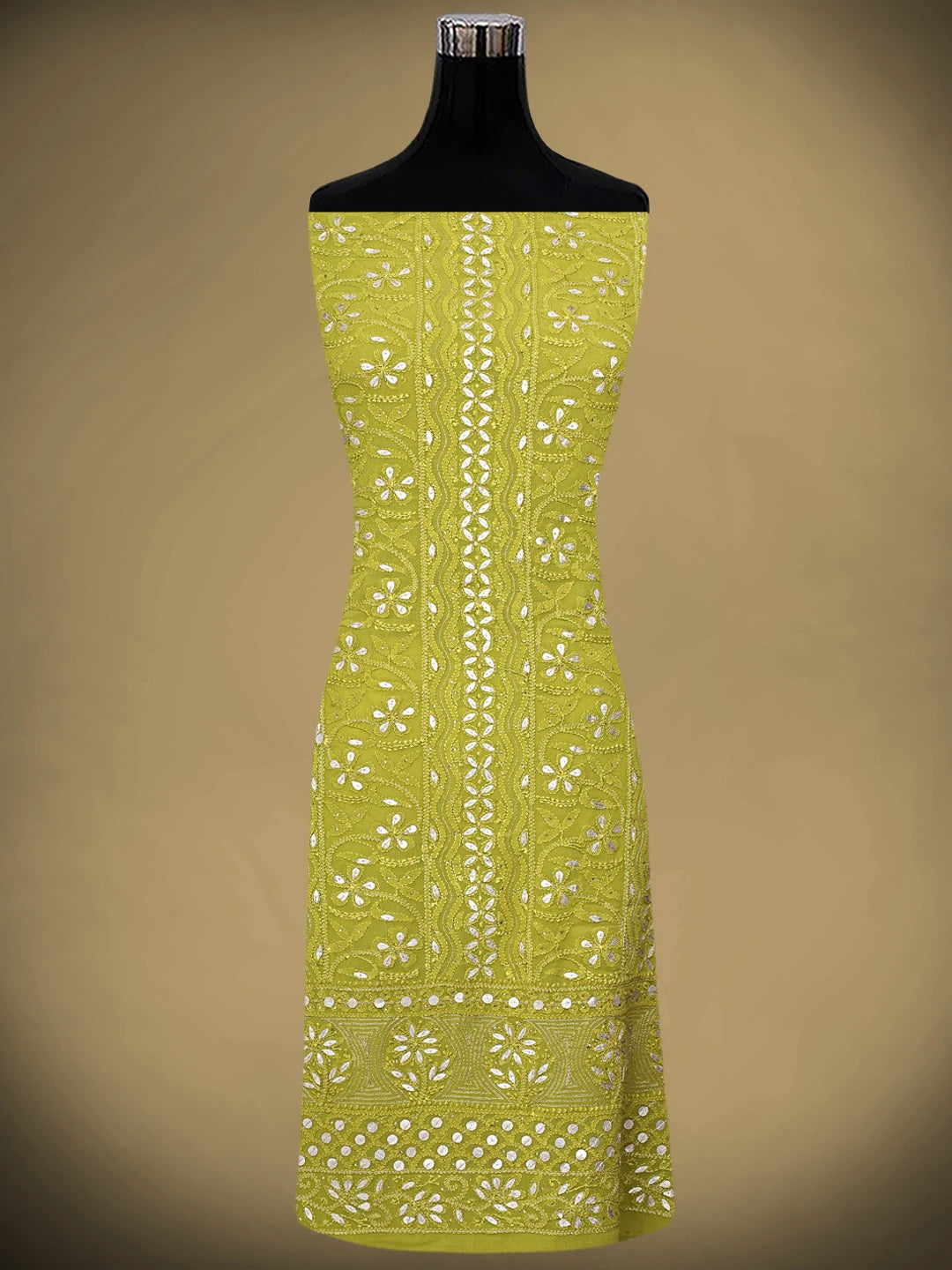 Ada Hand Embroidered Mehendi Green Viscose Georgette Lucknowi Chikankari Unstitched Kurta Dupatta Set With Zari Work 01A809554