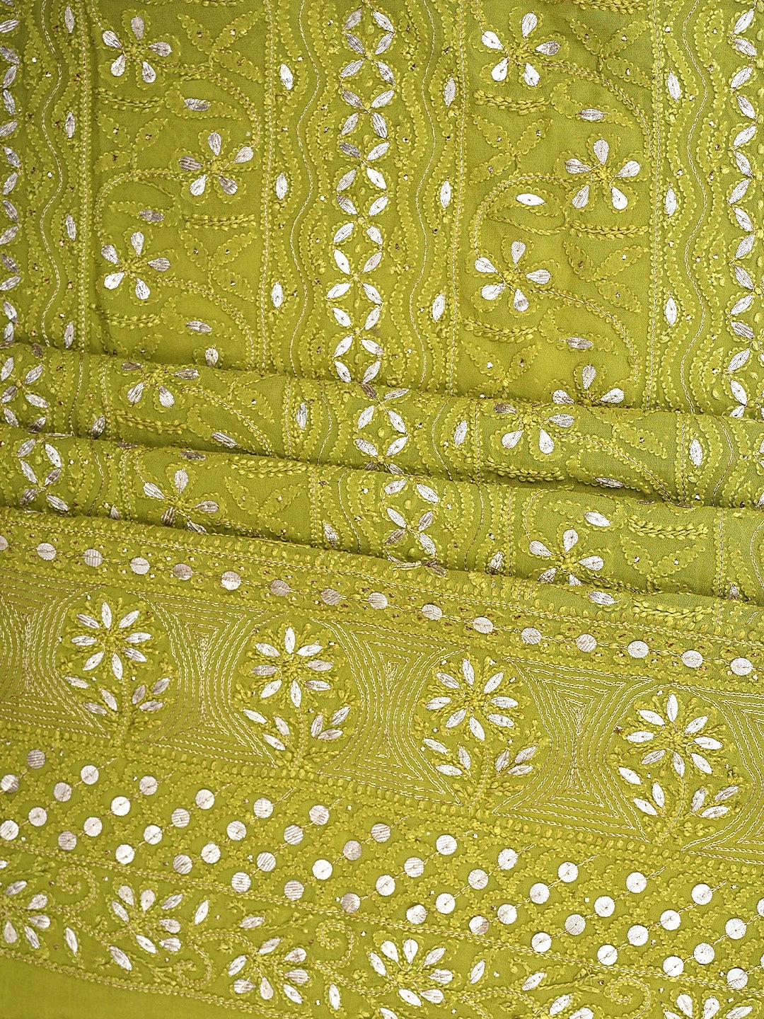 Ada Hand Embroidered Mehendi Green Viscose Georgette Lucknowi Chikankari Unstitched Kurta Dupatta Set With Zari Work 01A809554