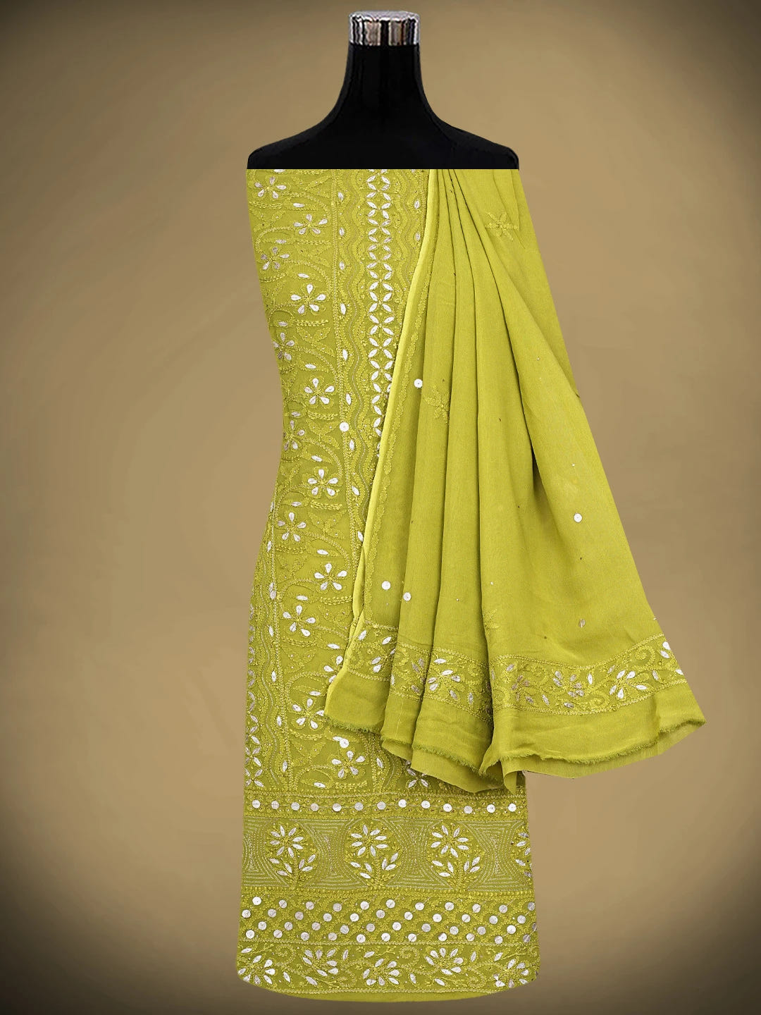 Ada Hand Embroidered Mehendi Green Viscose Georgette Lucknowi Chikankari Unstitched Kurta Dupatta Set With Zari Work 01A809554