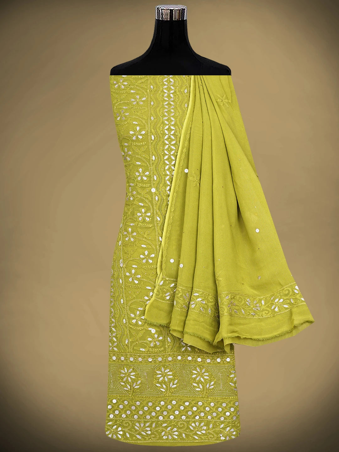 Ada Hand Embroidered Mehendi Green Viscose Georgette Lucknowi Chikankari Unstitched Kurta Dupatta Set With Zari Work 01A809554