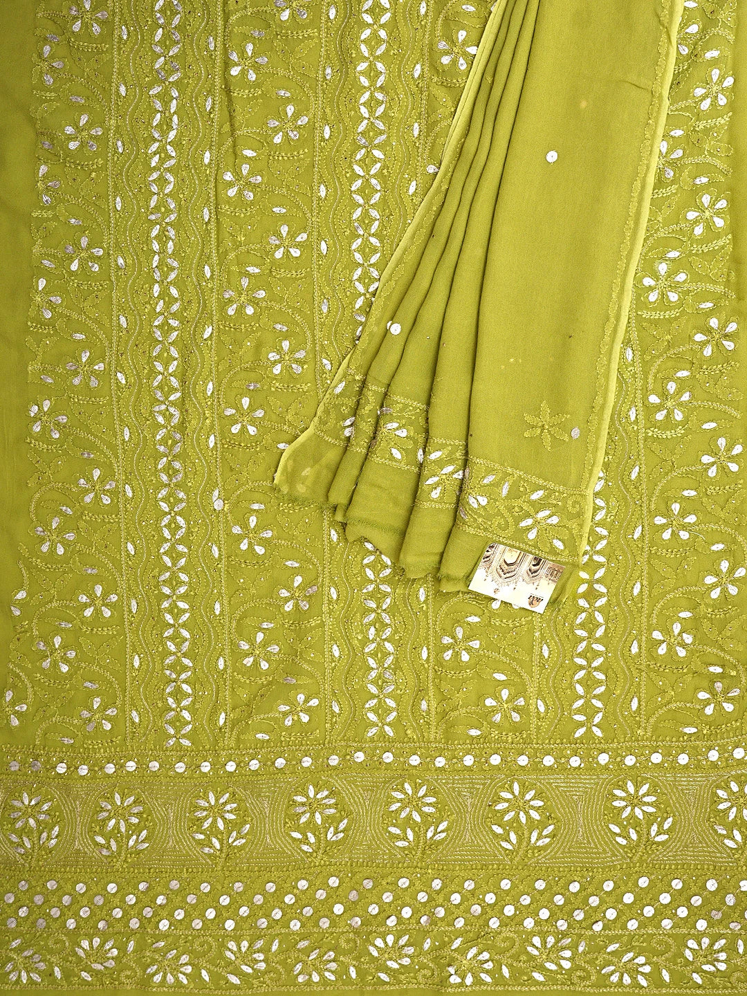 Ada Hand Embroidered Mehendi Green Viscose Georgette Lucknowi Chikankari Unstitched Kurta Dupatta Set With Zari Work 01A809554