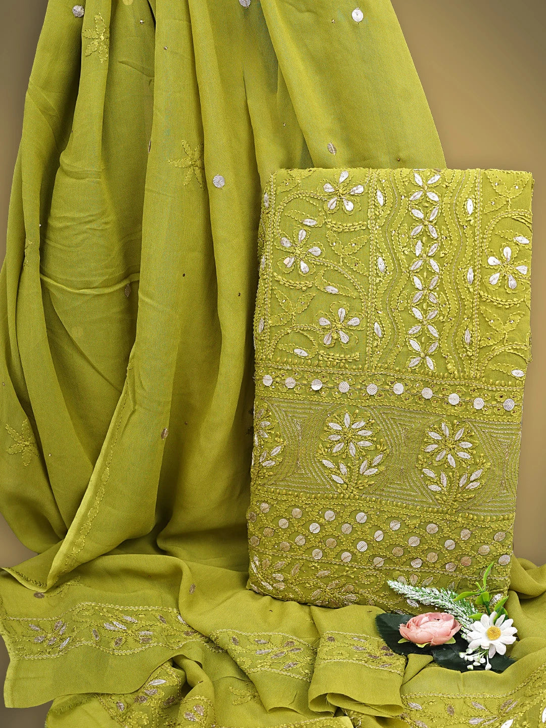 Ada Hand Embroidered Mehendi Green Viscose Georgette Lucknowi Chikankari Unstitched Kurta Dupatta Set With Zari Work 01A809554