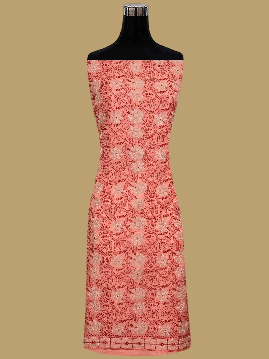 Ada Hand Embroidered Georgia Peach Chanderi Lucknowi Chikankari Unstitched Kurta Dupatta Set 01A341425