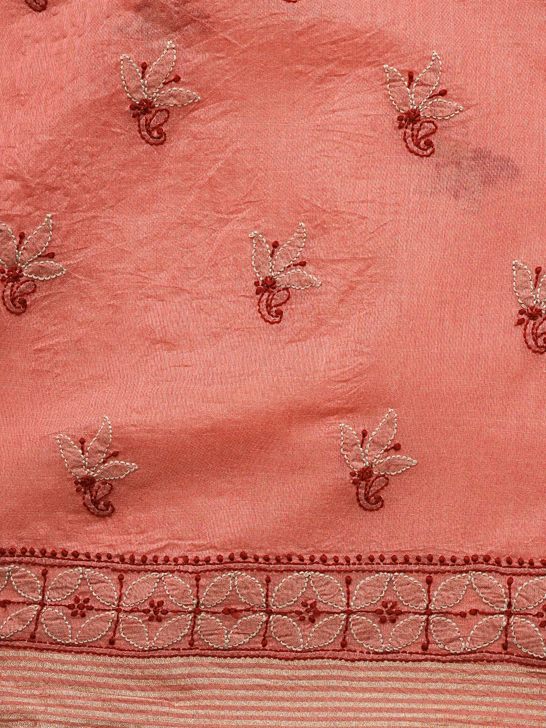 Ada Hand Embroidered Georgia Peach Chanderi Lucknowi Chikankari Unstitched Kurta Dupatta Set 01A341425