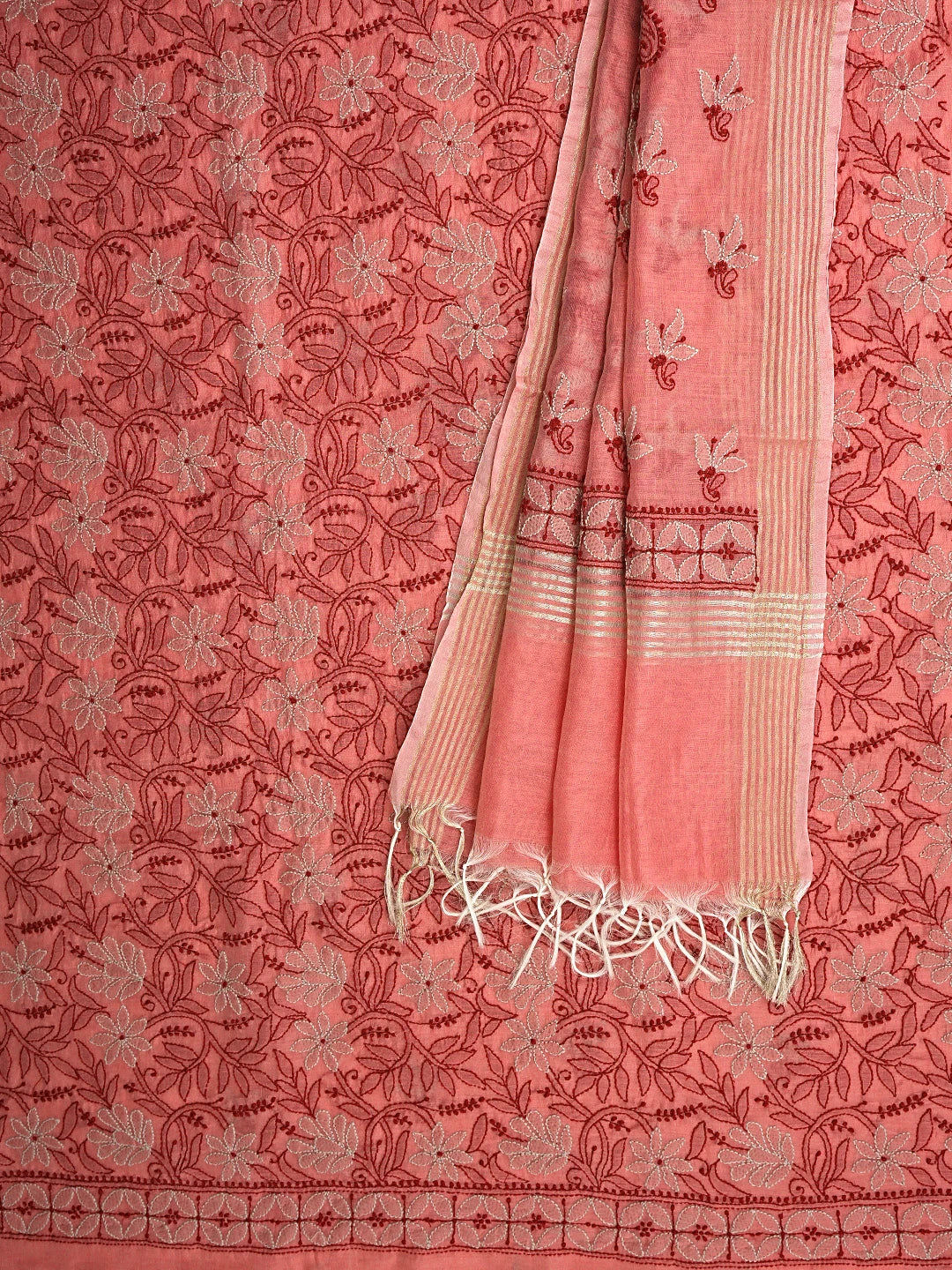 Ada Hand Embroidered Georgia Peach Chanderi Lucknowi Chikankari Unstitched Kurta Dupatta Set 01A341425