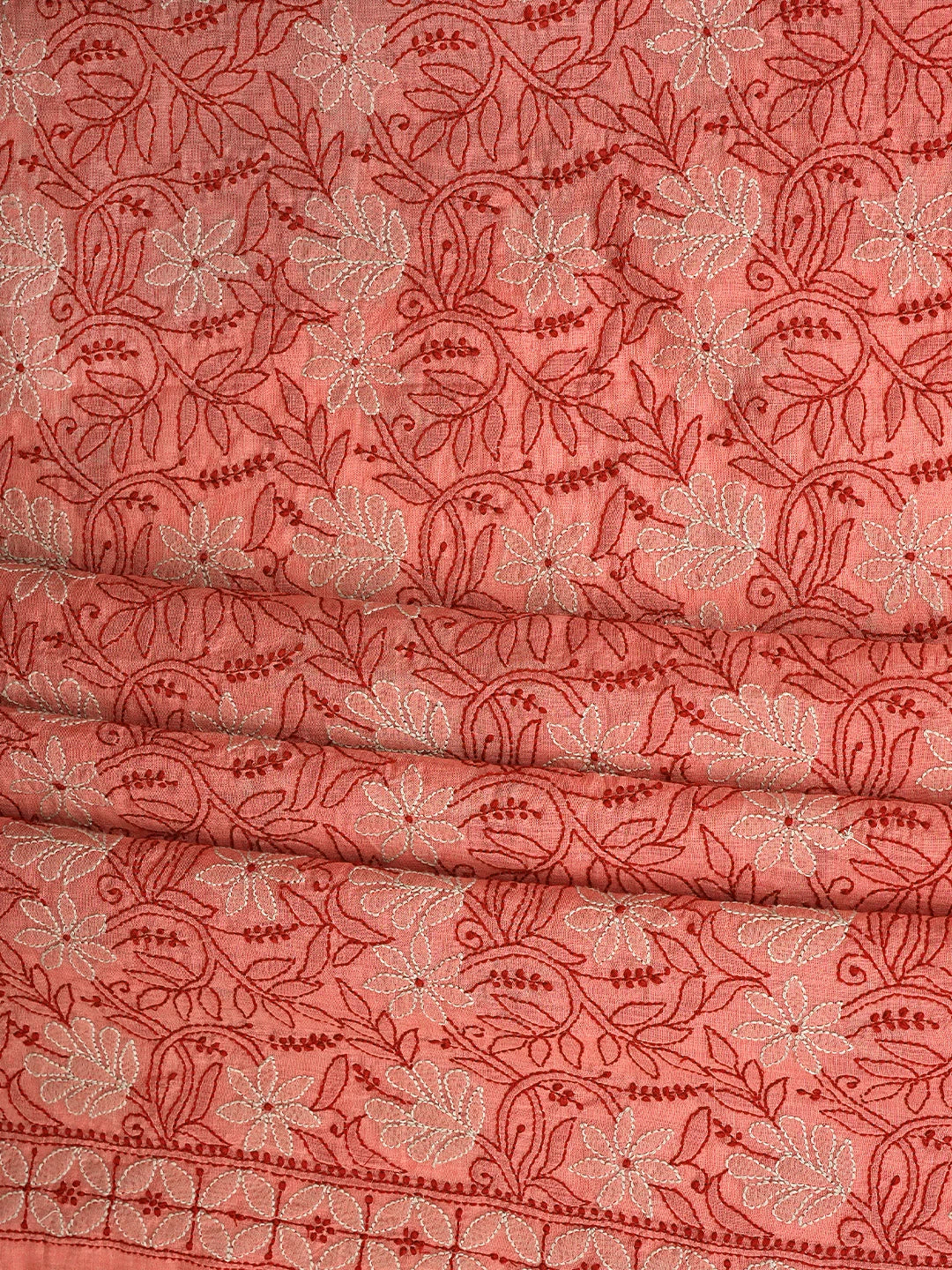 Ada Hand Embroidered Georgia Peach Chanderi Lucknowi Chikankari Unstitched Kurta Dupatta Set 01A341425