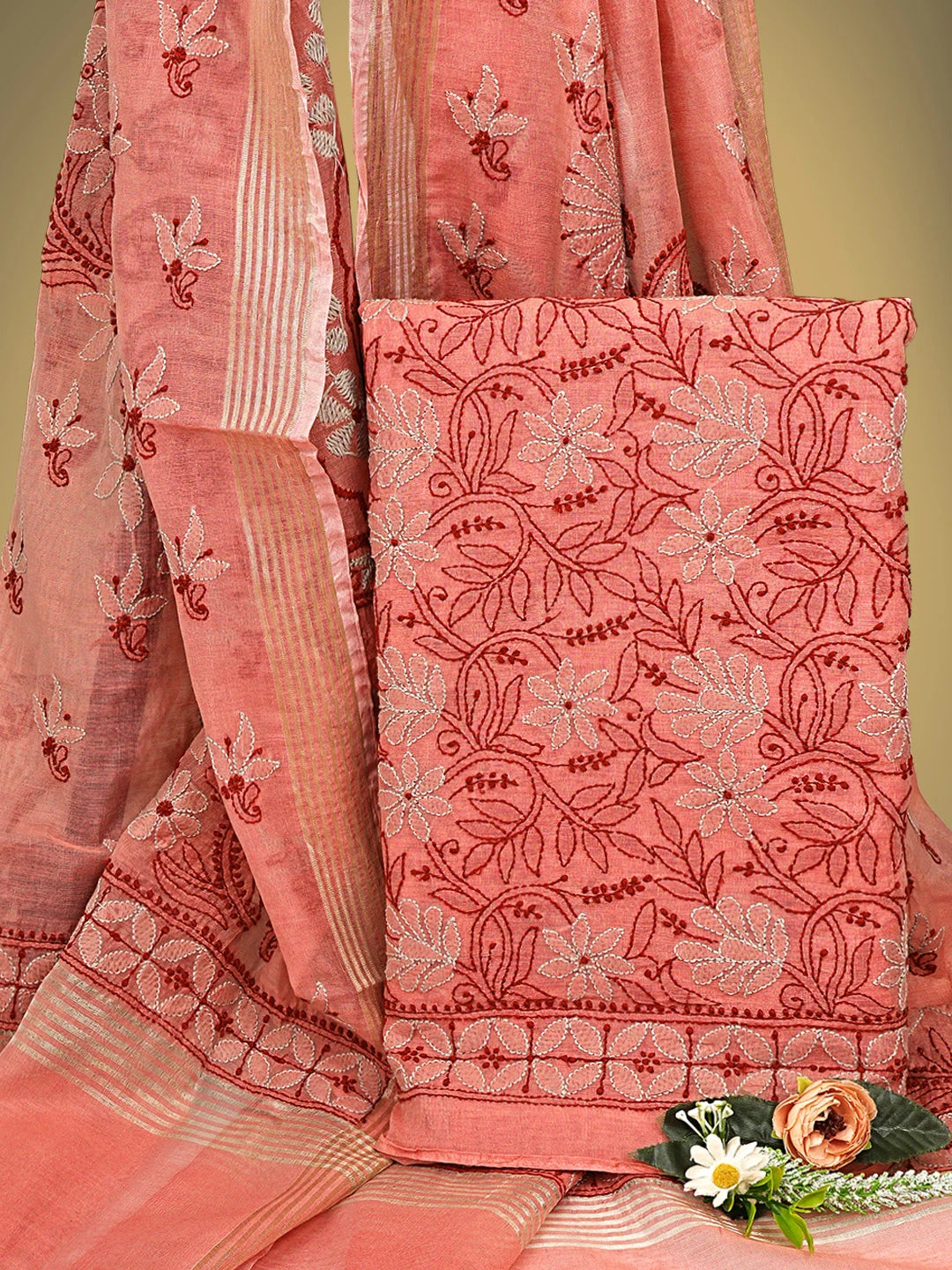 Ada Hand Embroidered Georgia Peach Chanderi Lucknowi Chikankari Unstitched Kurta Dupatta Set 01A341425