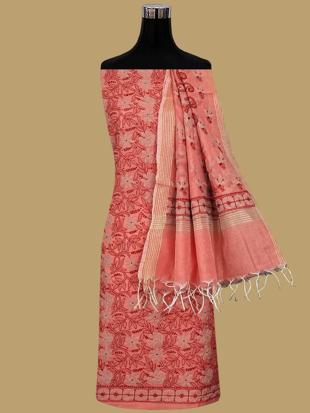 Ada Hand Embroidered Georgia Peach Chanderi Lucknowi Chikankari Unstitched Kurta Dupatta Set 01A341425