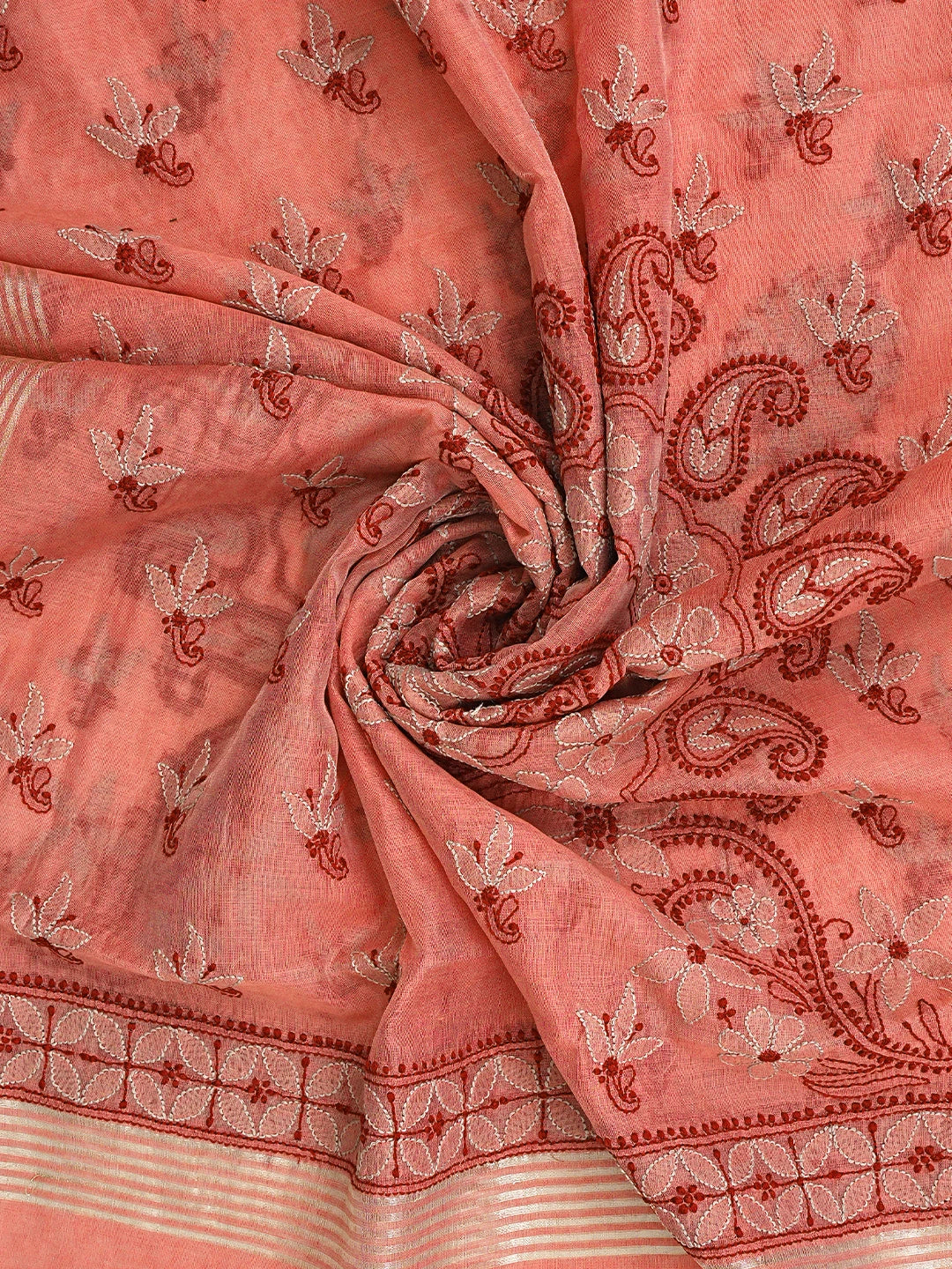 Ada Hand Embroidered Georgia Peach Chanderi Lucknowi Chikankari Unstitched Kurta Dupatta Set 01A341425