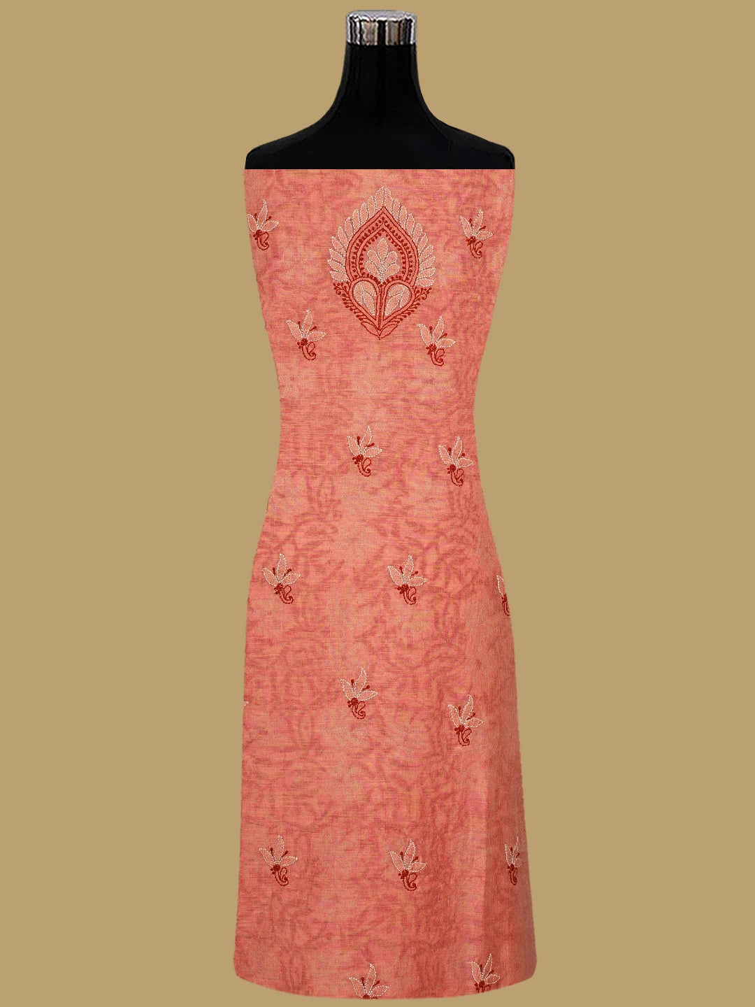 Ada Hand Embroidered Georgia Peach Chanderi Lucknowi Chikankari Unstitched Kurta Dupatta Set 01A341425
