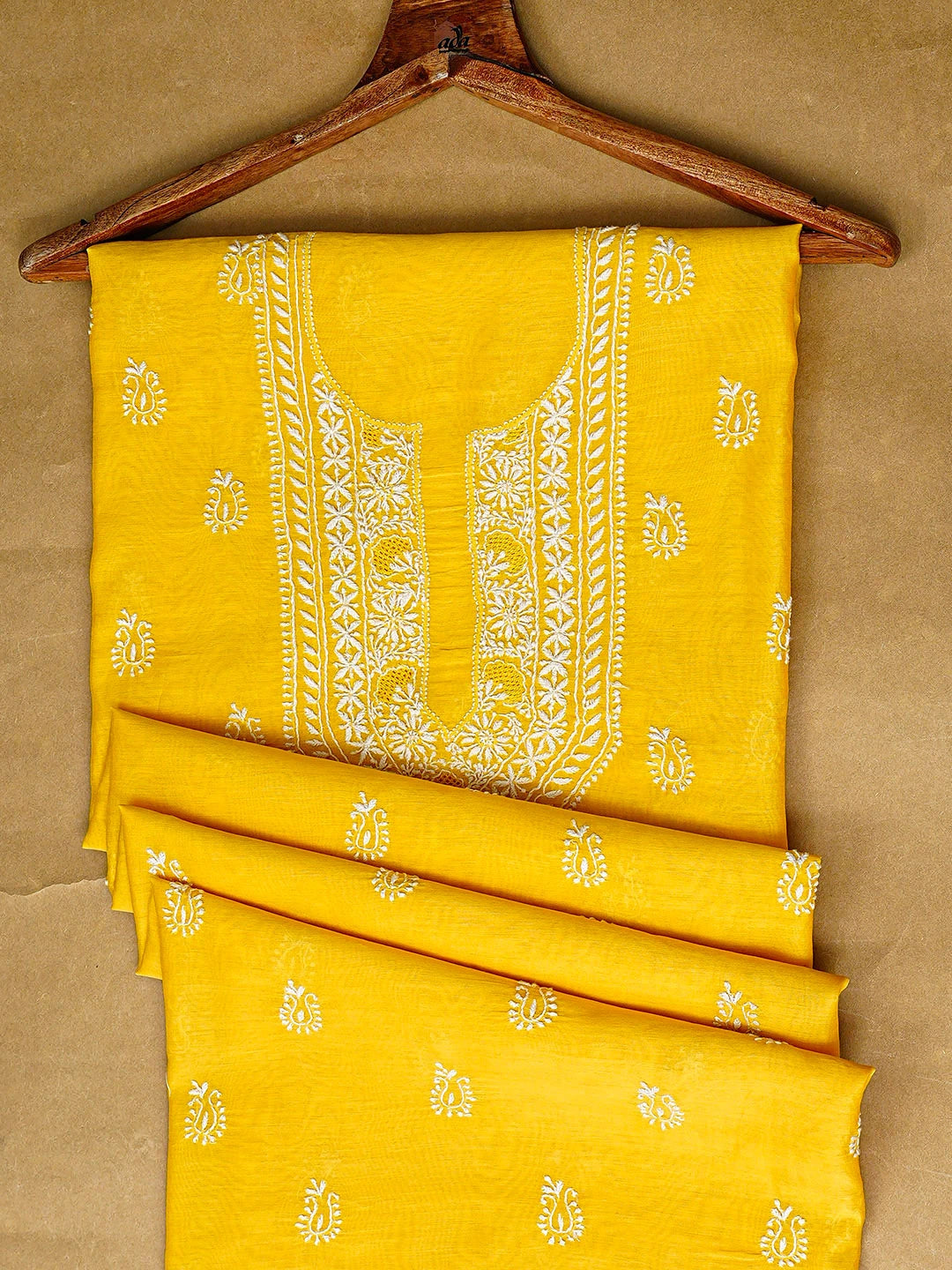 Ada Hand Embroidered Yellow Chanderi Lucknowi Chikankari Unstitched Men's Kurta 01A776231