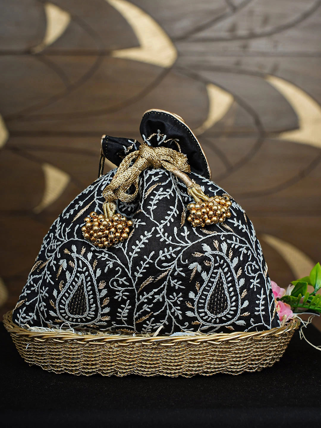 Ada Hand Embroidered Black Silk Lucknowi Chikankari Potli Bag With Zari Work 01A924390