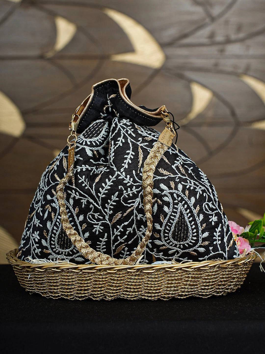 Ada Hand Embroidered Black Silk Lucknowi Chikankari Potli Bag With Zari Work 01A924390
