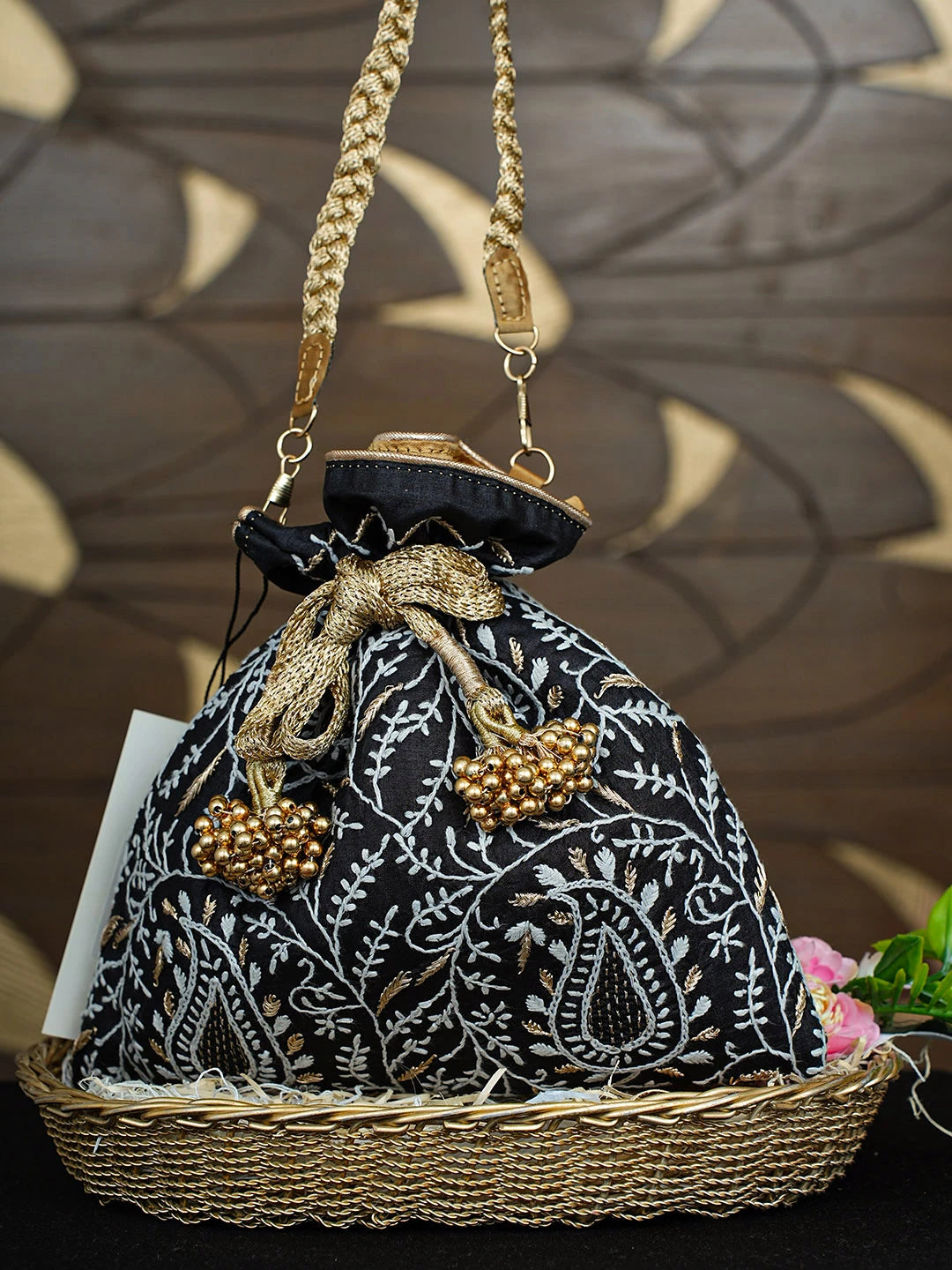 Ada Hand Embroidered Black Silk Lucknowi Chikankari Potli Bag With Zari Work 01A924390