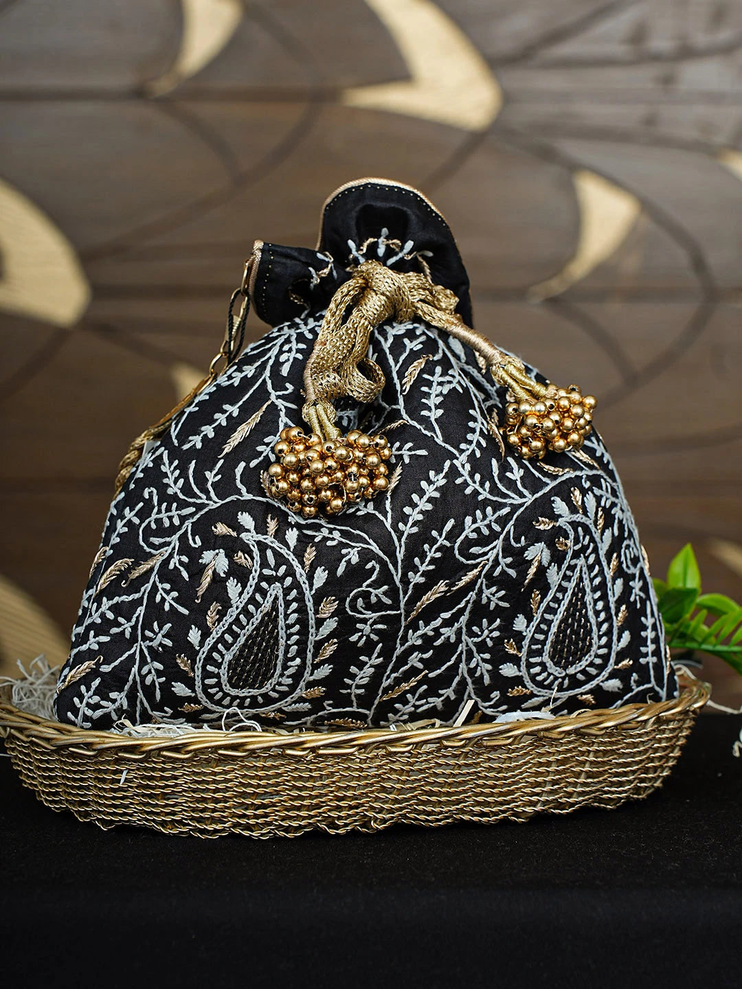 Ada Hand Embroidered Black Silk Lucknowi Chikankari Potli Bag With Zari Work 01A924390
