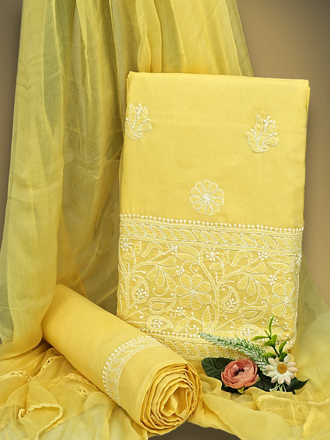 Ada Hand Embroidered Yellow Cotton Lucknowi Chikankari Unstitched Suit Piece 01A780198