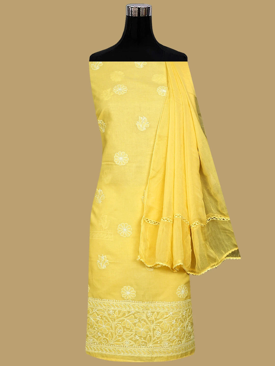 Ada Hand Embroidered Yellow Cotton Lucknowi Chikankari Unstitched Suit Piece 01A780198