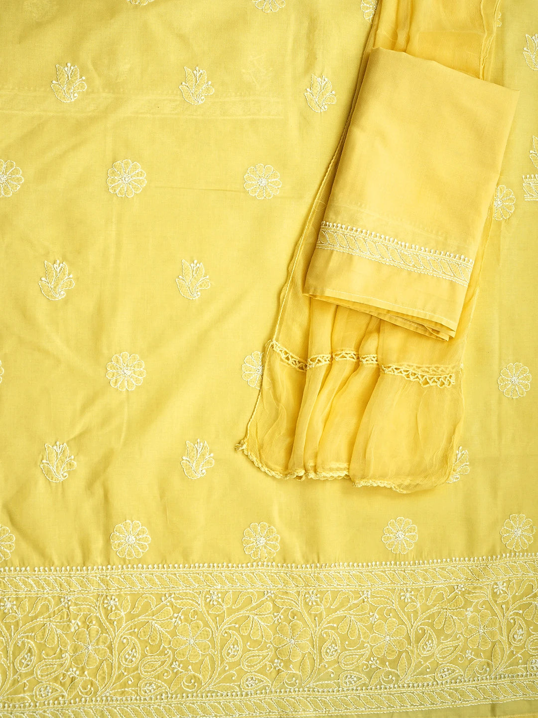 Ada Hand Embroidered Yellow Cotton Lucknowi Chikankari Unstitched Suit Piece 01A780198